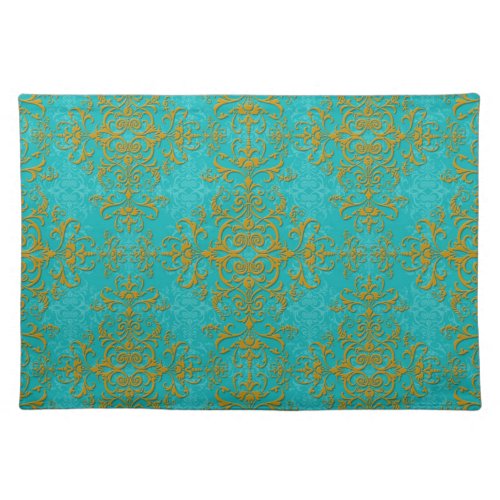 Gold and Turquoise Damask Style Pattern Placemat