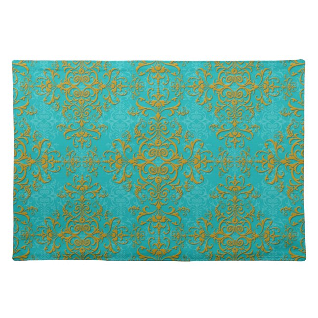 Gold and Turquoise Damask Style Pattern Placemat (Front)