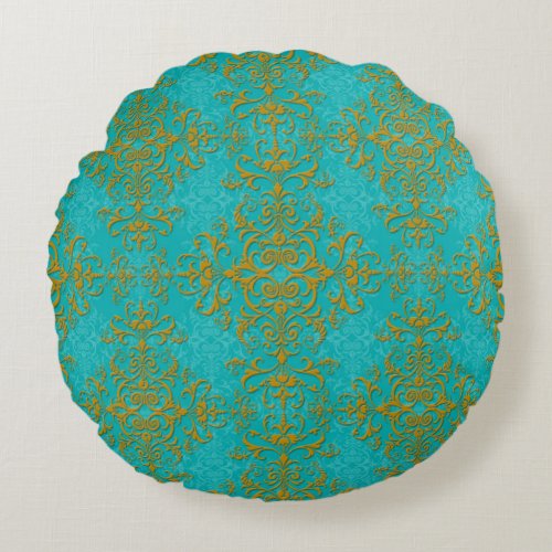 Gold and Turquoise Floral Damask Style Pattern Round Pillow