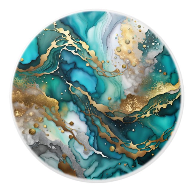 Gold and turquoise marble drawer handle, door knob (Front)