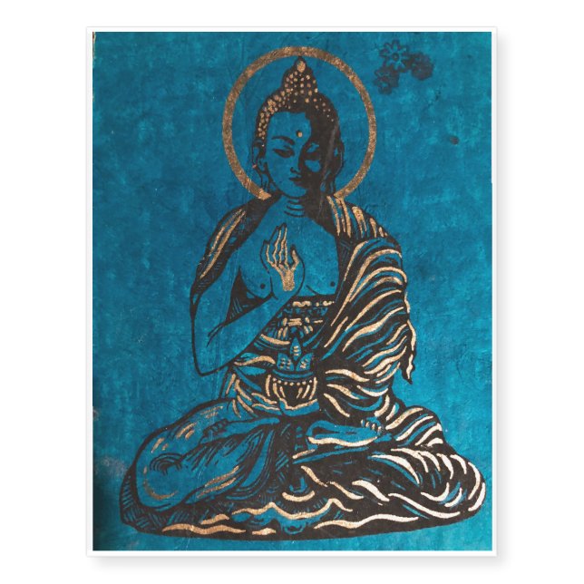 gold and turquoise seated buddha meditating temporary tattoos (Front)