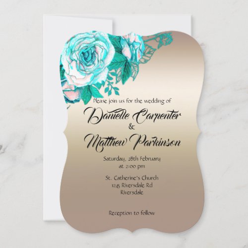 Gold and Turquoise Watercolor Roses Wedding  Invitation