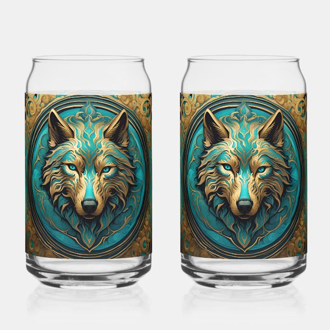 Gold and Turquoise Wolf Head Can Glass (Front)