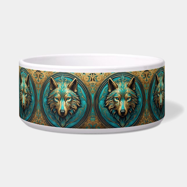 Gold and Turquoise Wolf Head Dog Bowl (Left)