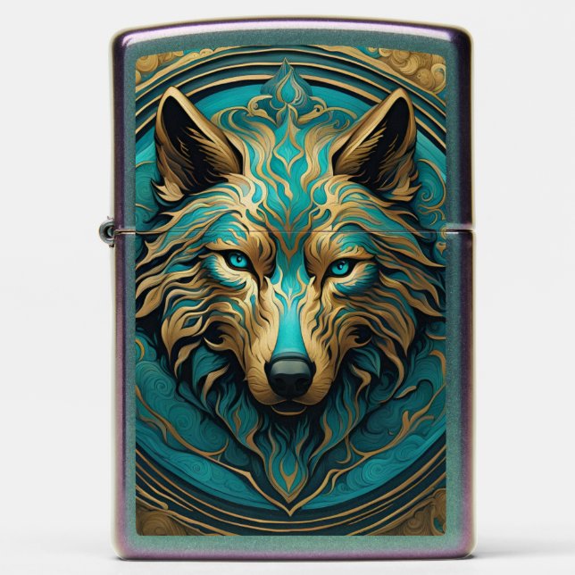 Gold and Turquoise Wolf head Zippo Lighter (Front)