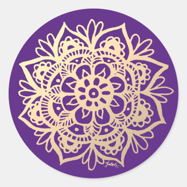Gold and Violet Mandala Flower Classic Round Sticker | Zazzle