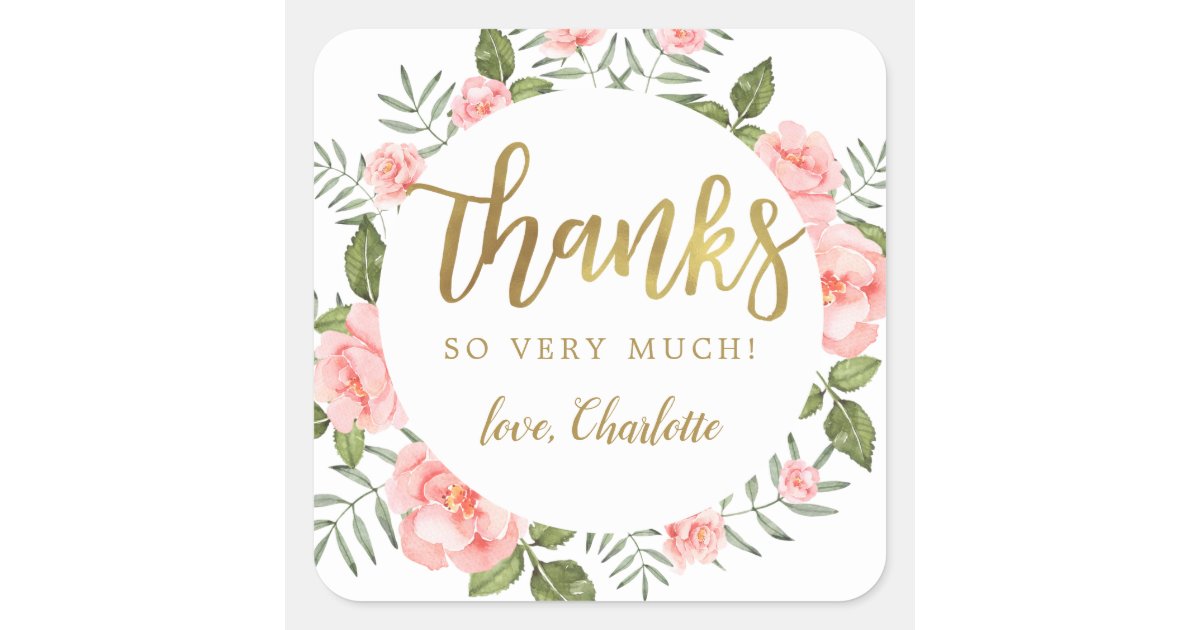 Gold and Watercolor Pink Floral Birthday Thank You Square Sticker | Zazzle