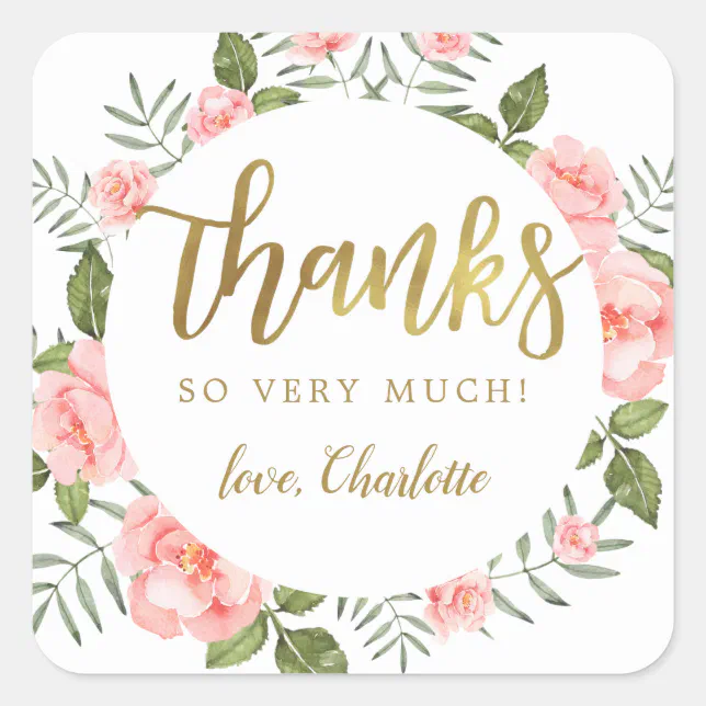 Gold and Watercolor Pink Floral Birthday Thank You Square Sticker | Zazzle