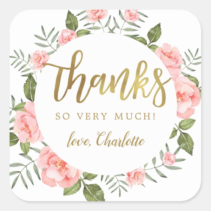 Gold and Watercolor Pink Floral Birthday Thank You Square Sticker