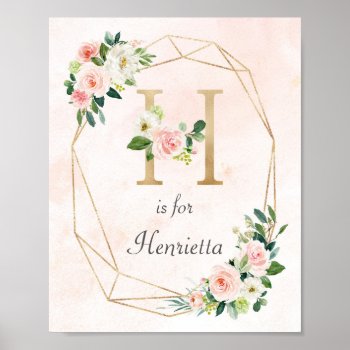 Gold And Watercolor Pink Roses Baby Name Monogram Poster by melanileestyle at Zazzle