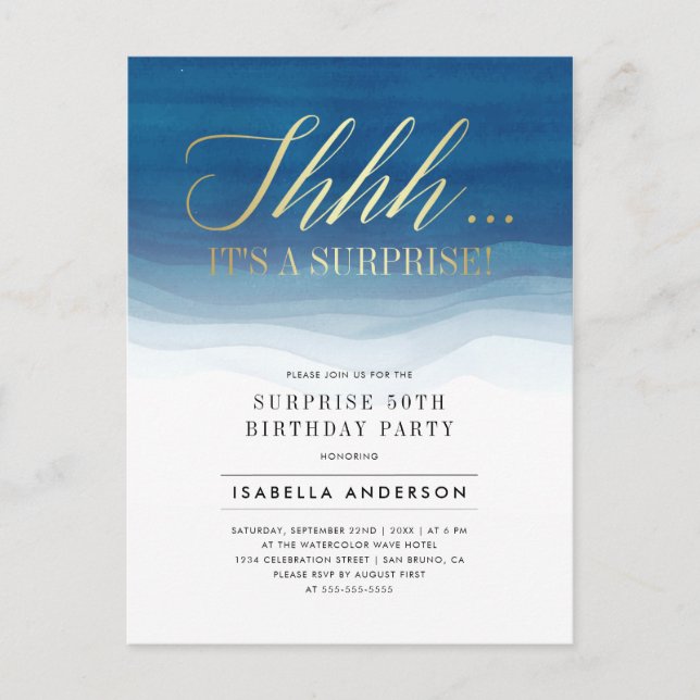 Gold And Watercolor Surprise Birthday Invitations (Front)