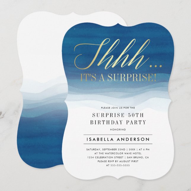 Gold And Watercolor Surprise Birthday Invitations (Front/Back)