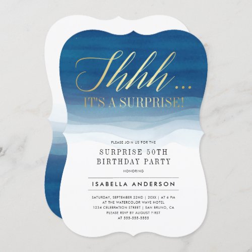 Gold And Watercolor Surprise Birthday Invitations - Gold And Watercolor Surprise Birthday Invitations by Eugene Designs.
Send these elegant blue tidal invitations and start your surprise party with a stylish modern message. On the front, in elegant handwritten style calligraphy are the words "shh...it's a surprise" cut out digitally in gold foil. On the reverse, there are sleek, delicate curves of watercolor blue hues. Blocked black and white serif fonts communicate the details of your surprise party with maximum clarity.