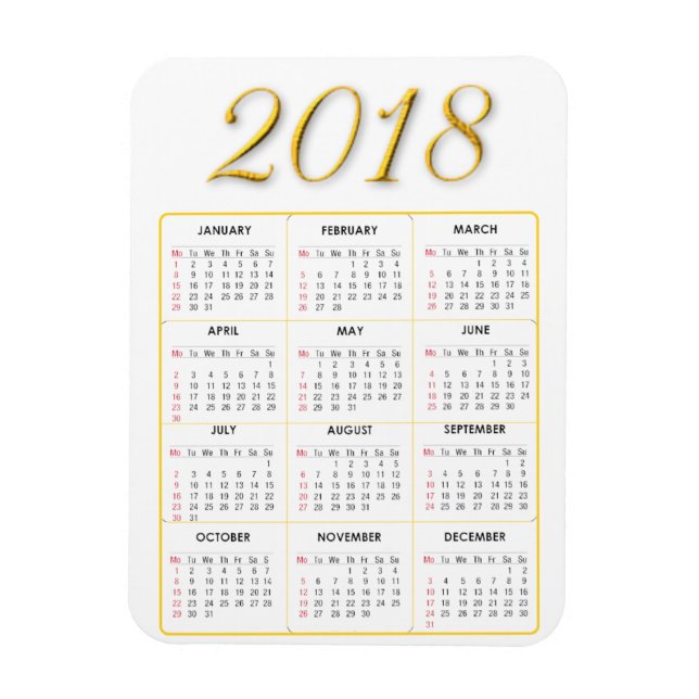 Gold and White 2018 Calendar Magnet (Vertical)