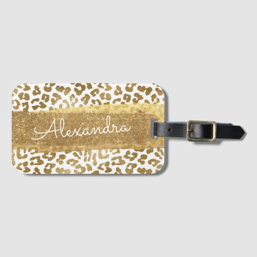 Gold and White Animal Print with Gold Glitter Luggage Tag