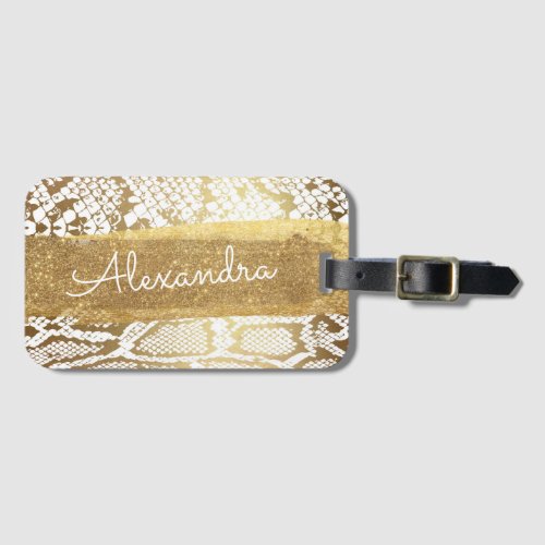 Gold and White Animal Print with Gold Glitter Luggage Tag