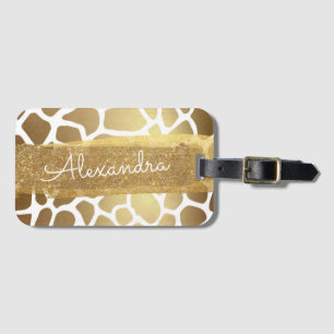 Gold and White Animal Print with Gold Glitter Luggage Tag