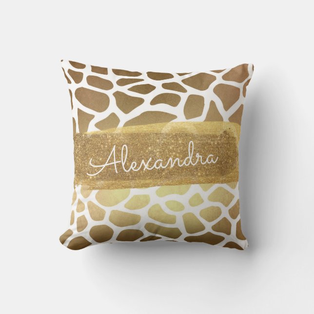 Gold and White Animal Print with Gold Glitter Throw Pillow (Front)