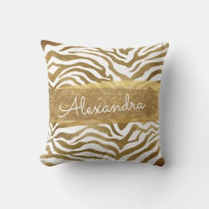 Gold and White Animal Print with Gold Glitter Throw Pillow