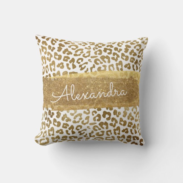 Gold and White Animal Print with Gold Glitter Throw Pillow (Front)