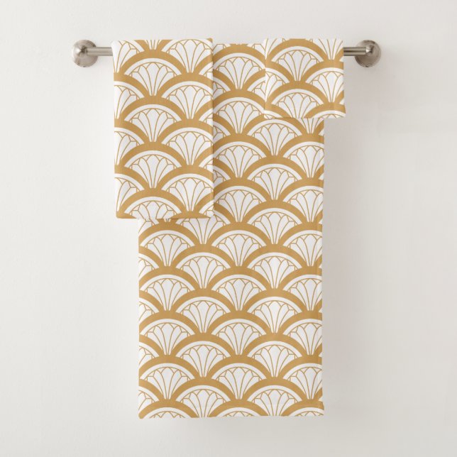 Gold and White Art Deco Fan Flower Pattern  Bath Towel Set (Insitu)