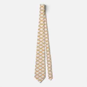 Gold and White Art Deco Fan Flower Pattern Neck Tie