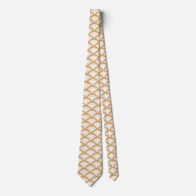 Gold and White Art Deco Fan Flower Pattern   Neck Tie (Front)