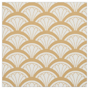 Gold and White Art Deco Fan Flowers Pattern Fabric