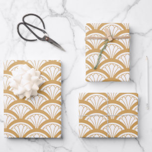 Gold and White Art Deco Fan Flowers Pattern Wrapping Paper Sheets