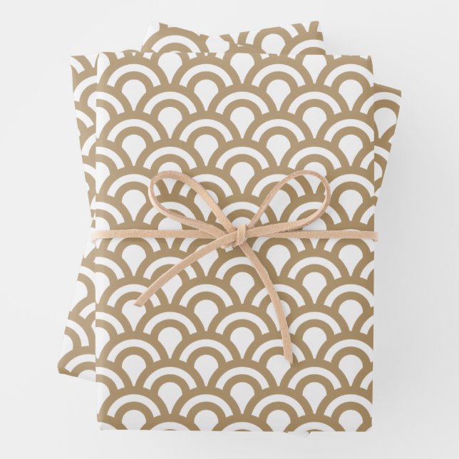 Gold and White Art Deco Fish Scale Pattern Wrapping Paper Sheets (In situ)