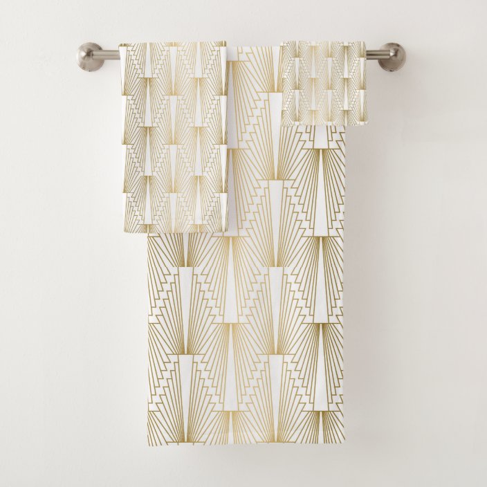 Gold and white Art Deco geometric pattern Bath Towel Set