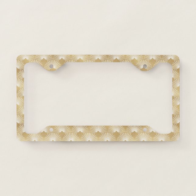Gold and white art-deco geometric pattern license plate frame (Front)