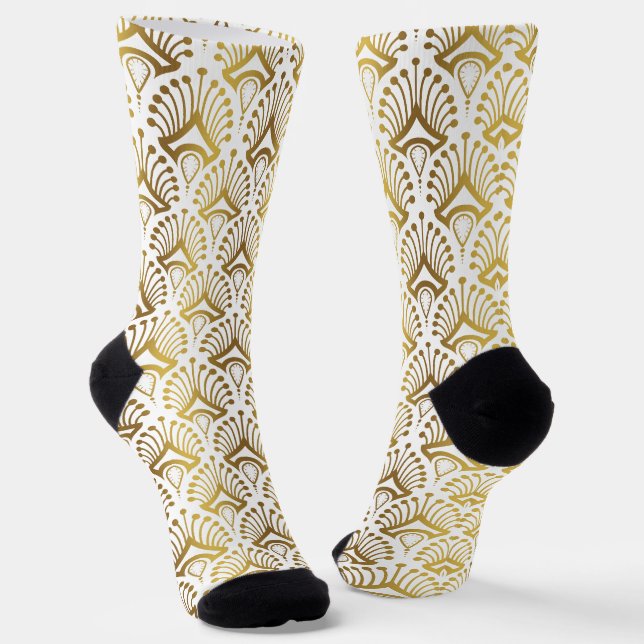 Gold and white Art Deco pattern 3 Socks (Angled)