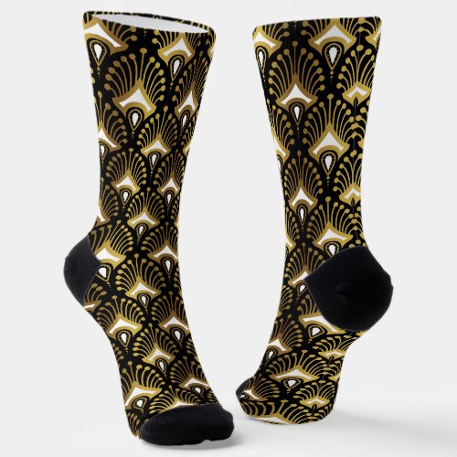 Gold and white Art Deco pattern 4 on black  Socks