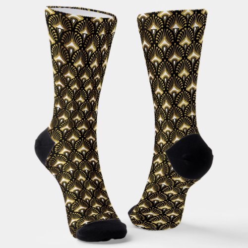 Gold and white art deco pattern on black socks