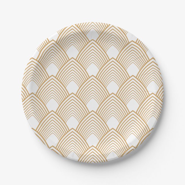 Gold and White Art Deco Pattern Paper Plates (Front)