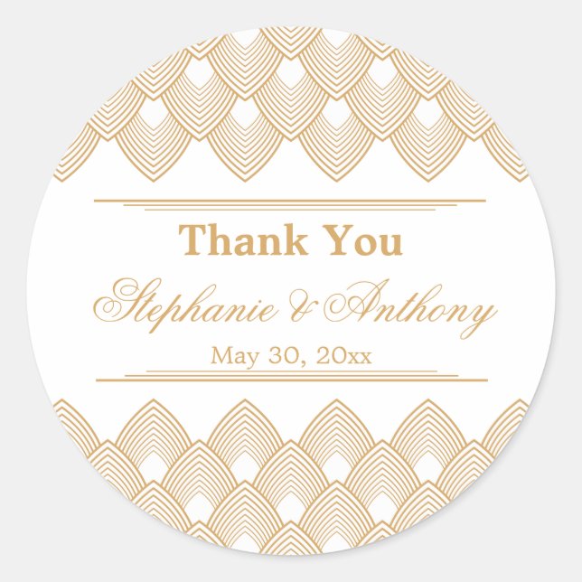 Gold and White Art Deco Pattern Wedding Classic Round Sticker (Front)