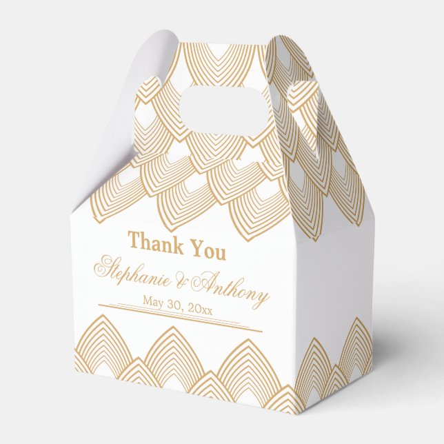 Gold and White Art Deco Pattern Wedding Favor Boxes (Front Side)