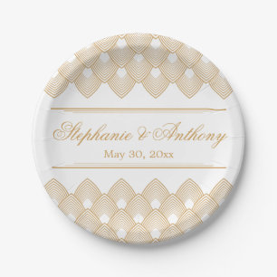 Gold and White Art Deco Pattern Wedding Paper Plates