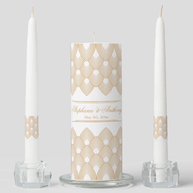 Gold and White Art Deco Pattern Wedding Unity Candle Set (Front)