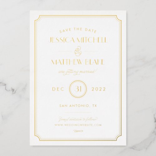 Gold and White Art Deco Save the Date Foil Invitation