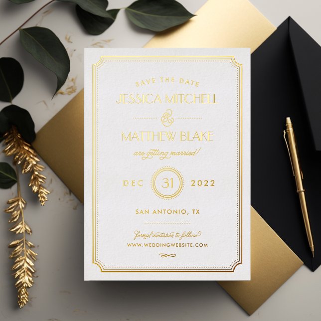 Gold and White Art Deco Save the Date Foil Invitation
