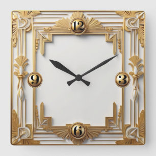 Gold and White Art Deco Square Wall Clock