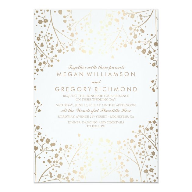 Gold And White Baby's Breath Floral Wedding Invitation