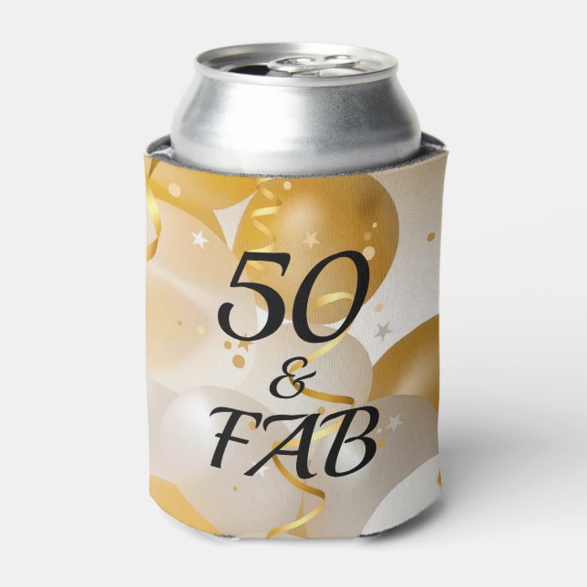 Gold and White Balloons 50 & FAB Can Cooler (Can Front)