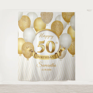 GOld and white balloons 50th birthday backdrop