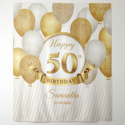 GOld and white balloons 50th birthday backdrop