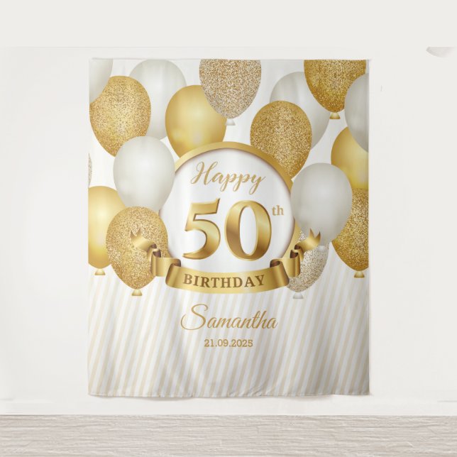 GOld and white balloons 50th birthday backdrop (Front)