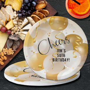 Gold and White Balloons Birthday Paper Plates