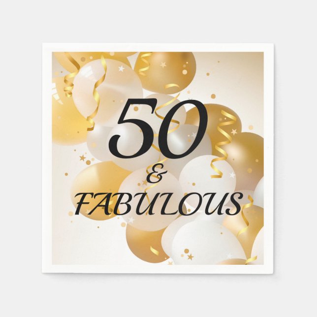 Gold and White Balloons Birthday Party Napkins (Front)